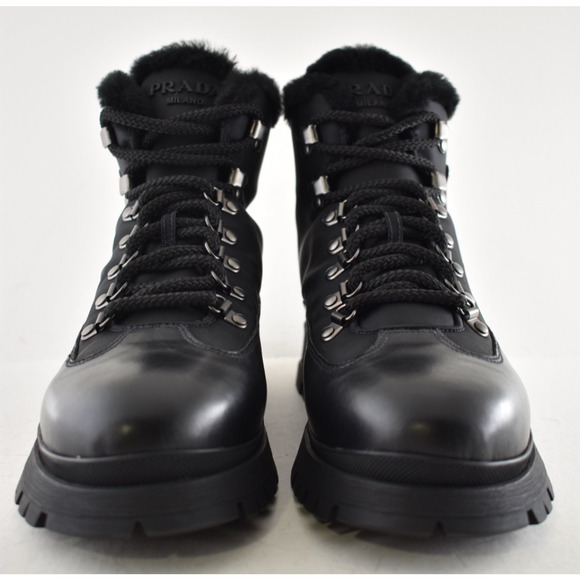 Prada Brixxen 38 Black Shearling Leather Nylon Lug Sole Lace Up Hiking Boot 40.5 - Picture 9 of 16